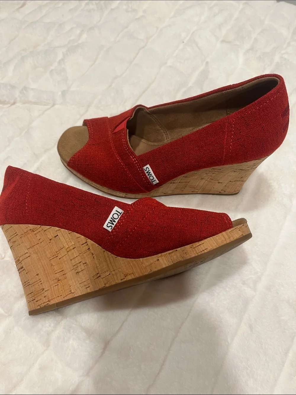 TOMS Red Open-Toe Cork Wedge Heels